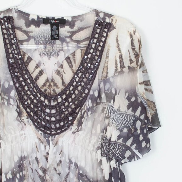 Style & Co Womens Butterfly‎ Sequin Embroidered Babydoll Blouse Size L Boho - Picture 2 of 7